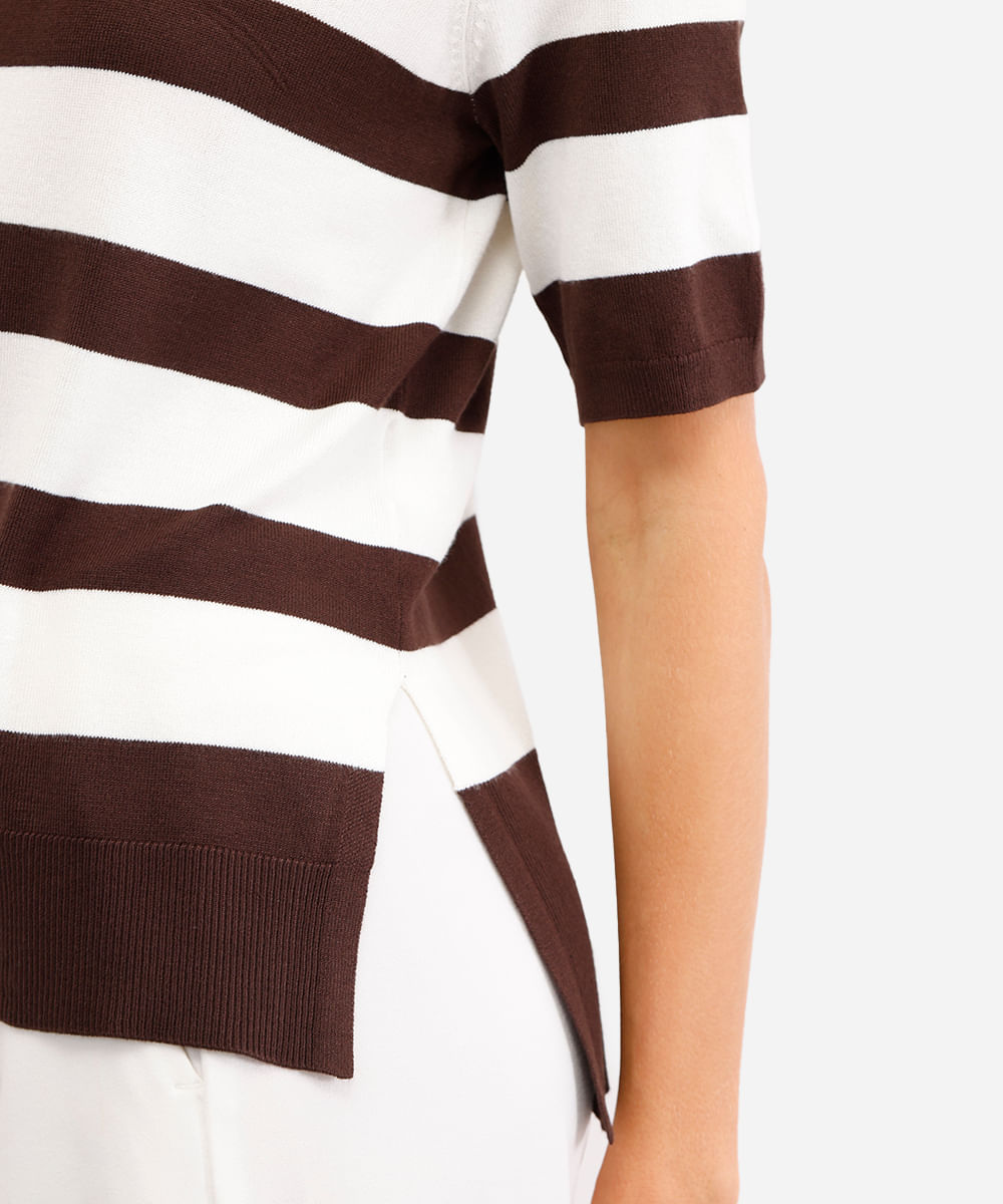blusa feminina de tricot listrada com fendas bege