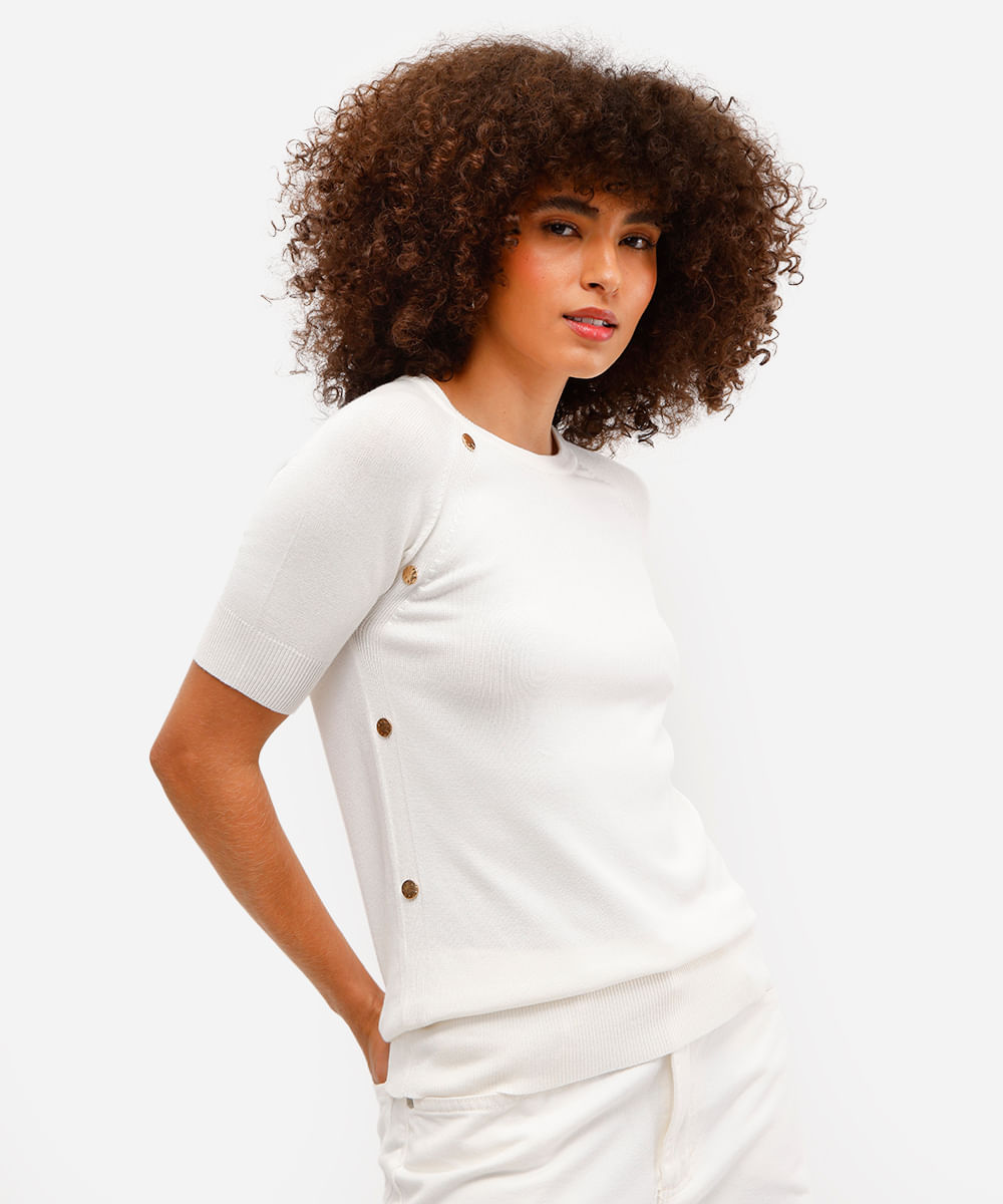 blusa feminina de tricot com botões manga curta off white