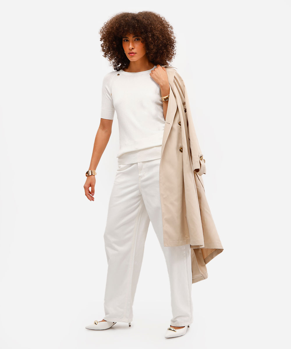 blusa feminina de tricot com botões manga curta off white