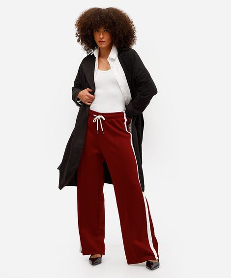 calça wide leg feminina cós com elástico bicolor vinho