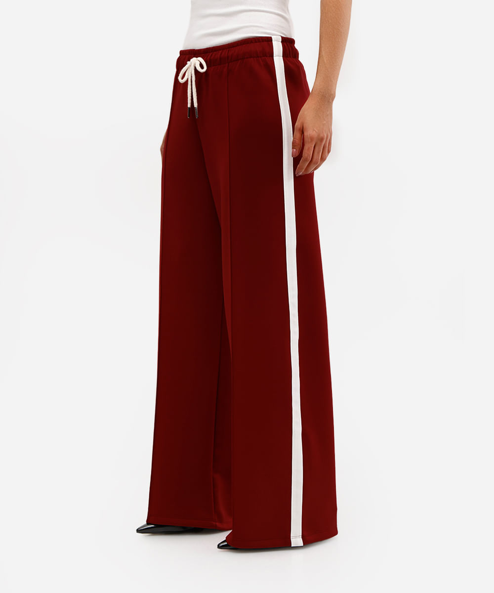 calça wide leg feminina cós com elástico bicolor vinho