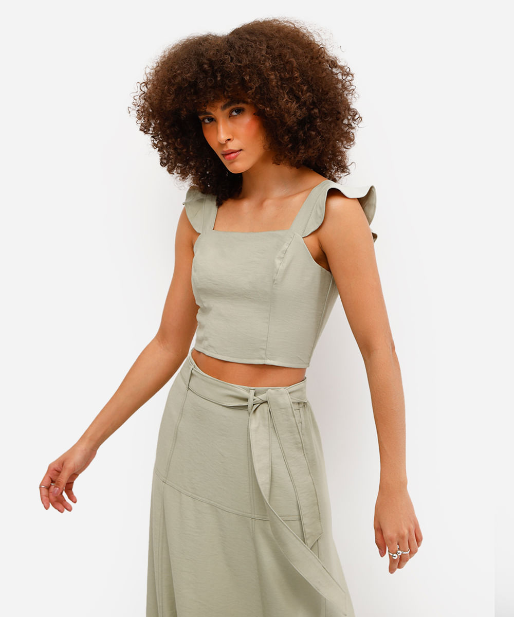 cropped feminino de viscose com babados verde