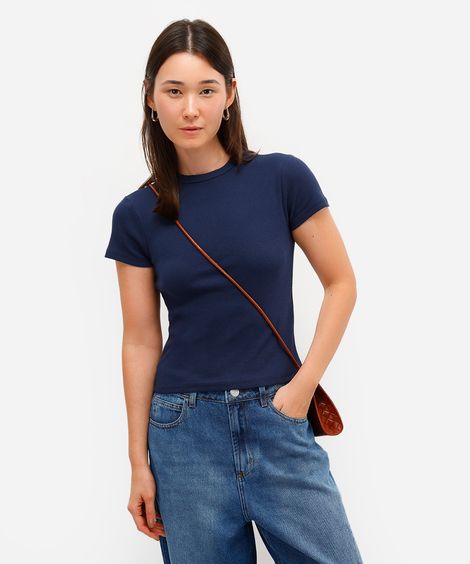 blusa de algodão canelada manga curta azul