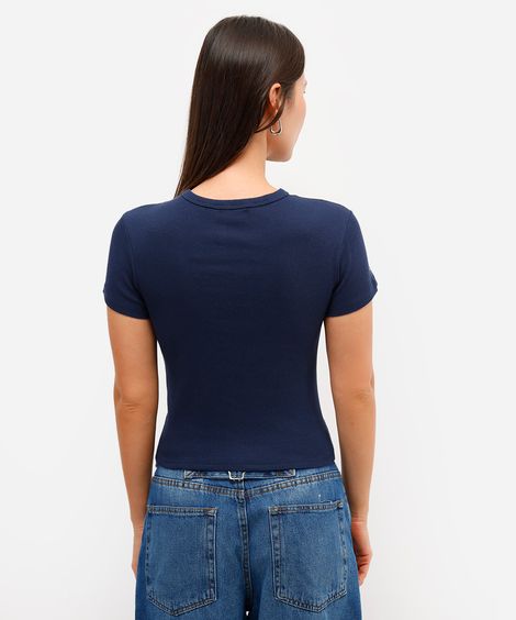 blusa de algodão canelada manga curta azul
