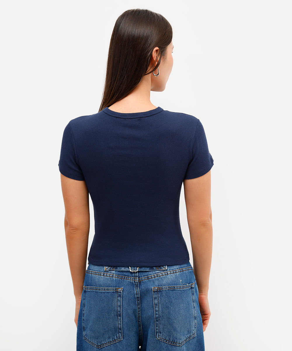 blusa de algodão canelada manga curta azul