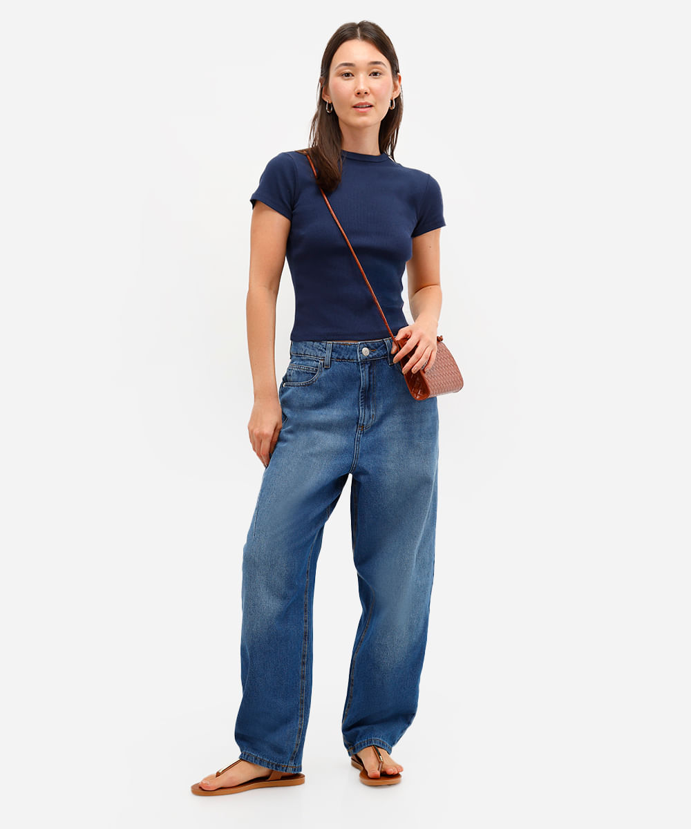 blusa de algodão canelada manga curta azul