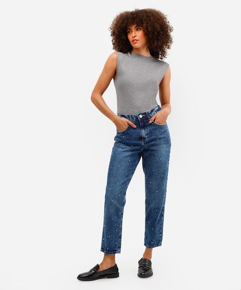 calça mom feminina jeans com brilhos azul