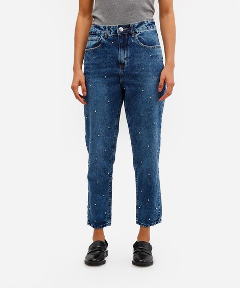 calça mom feminina jeans com brilhos azul