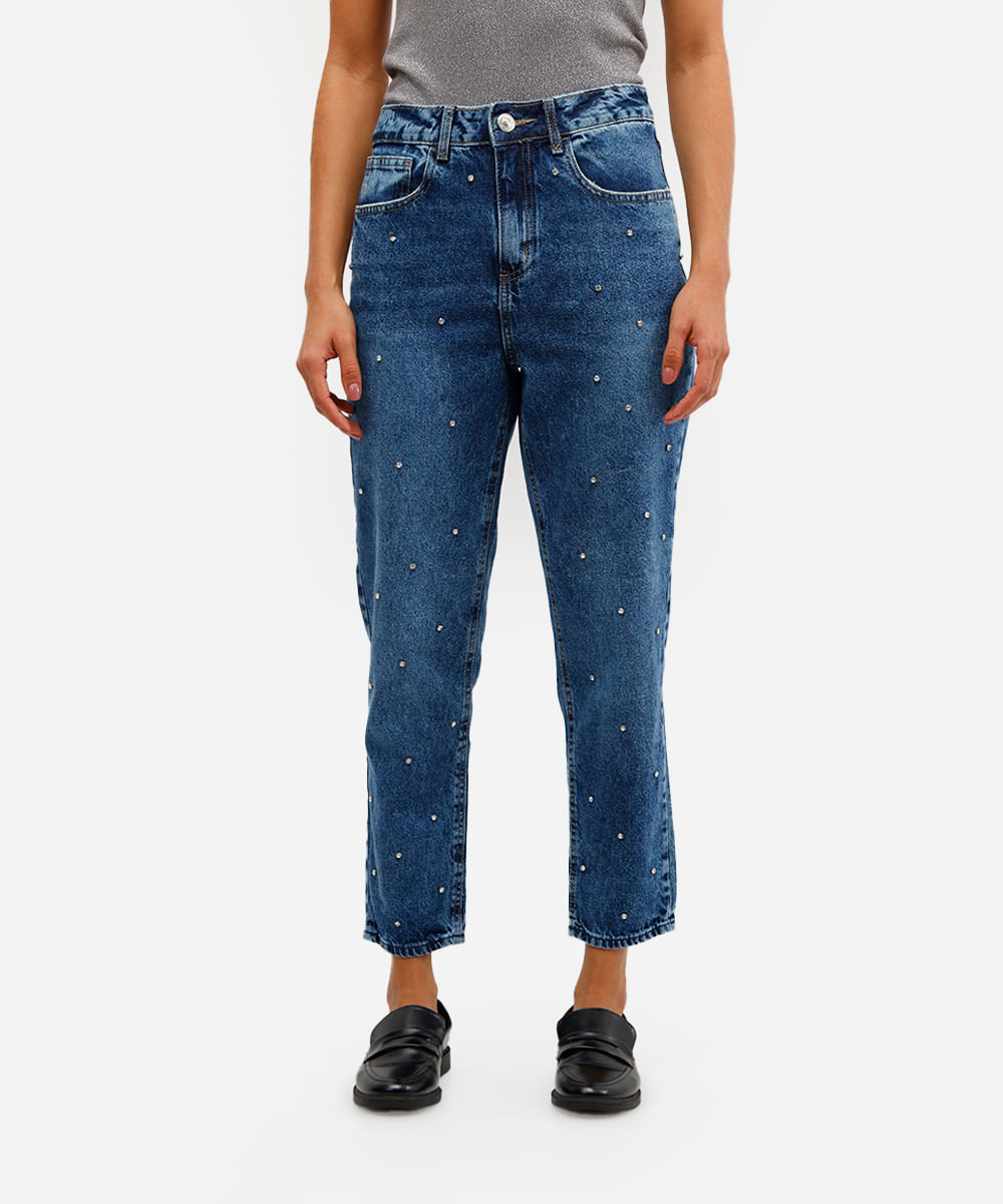 calça mom feminina jeans com brilhos azul