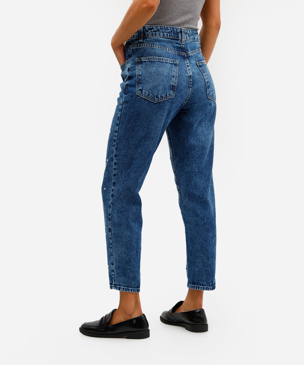 calça mom feminina jeans com brilhos azul