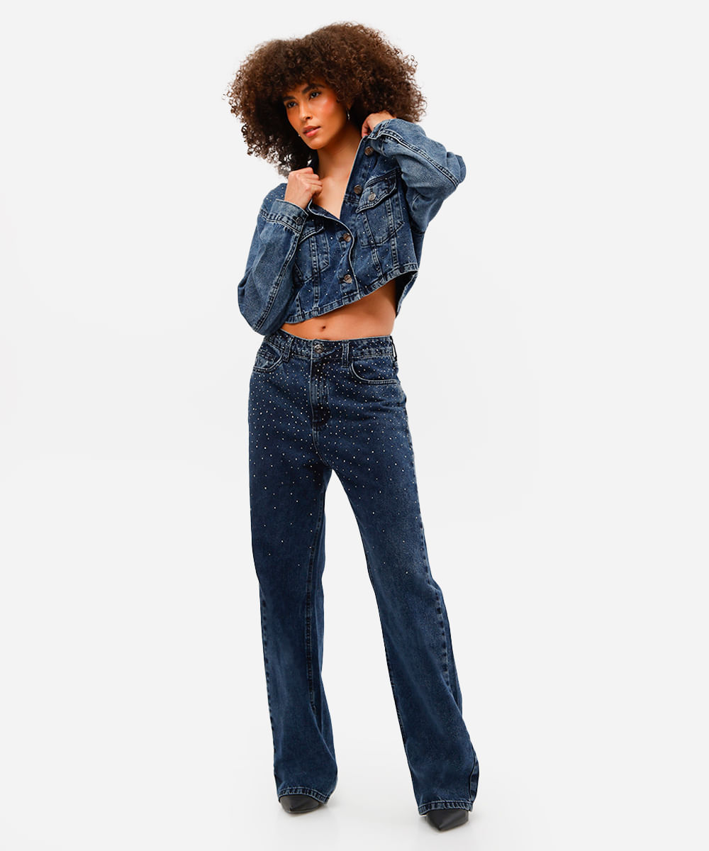 calça wide leg feminina jeans com brilhos azul