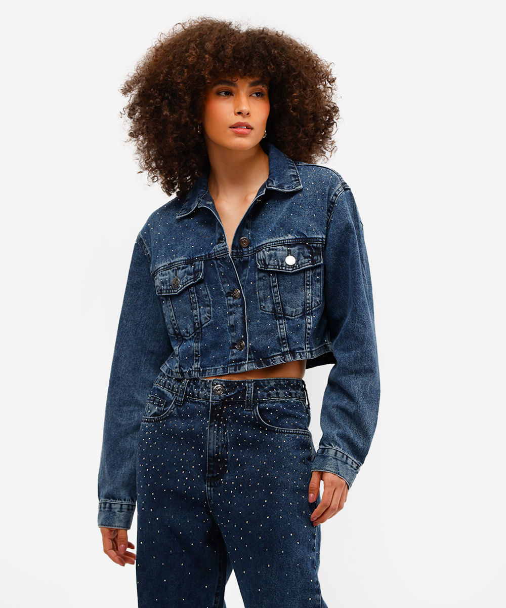 jaqueta cropped feminina jeans com brilhos azul