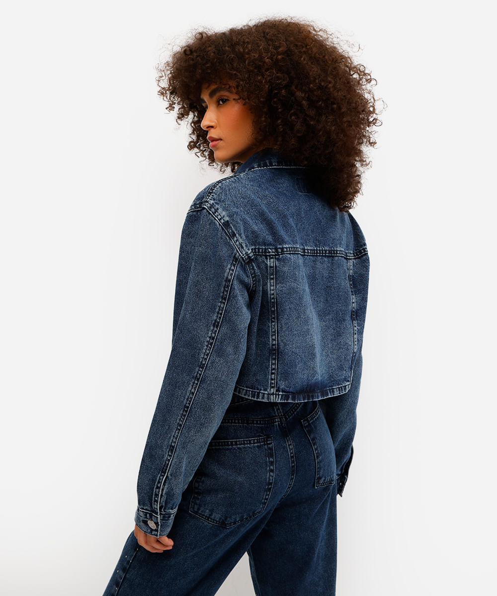jaqueta cropped feminina jeans com brilhos azul