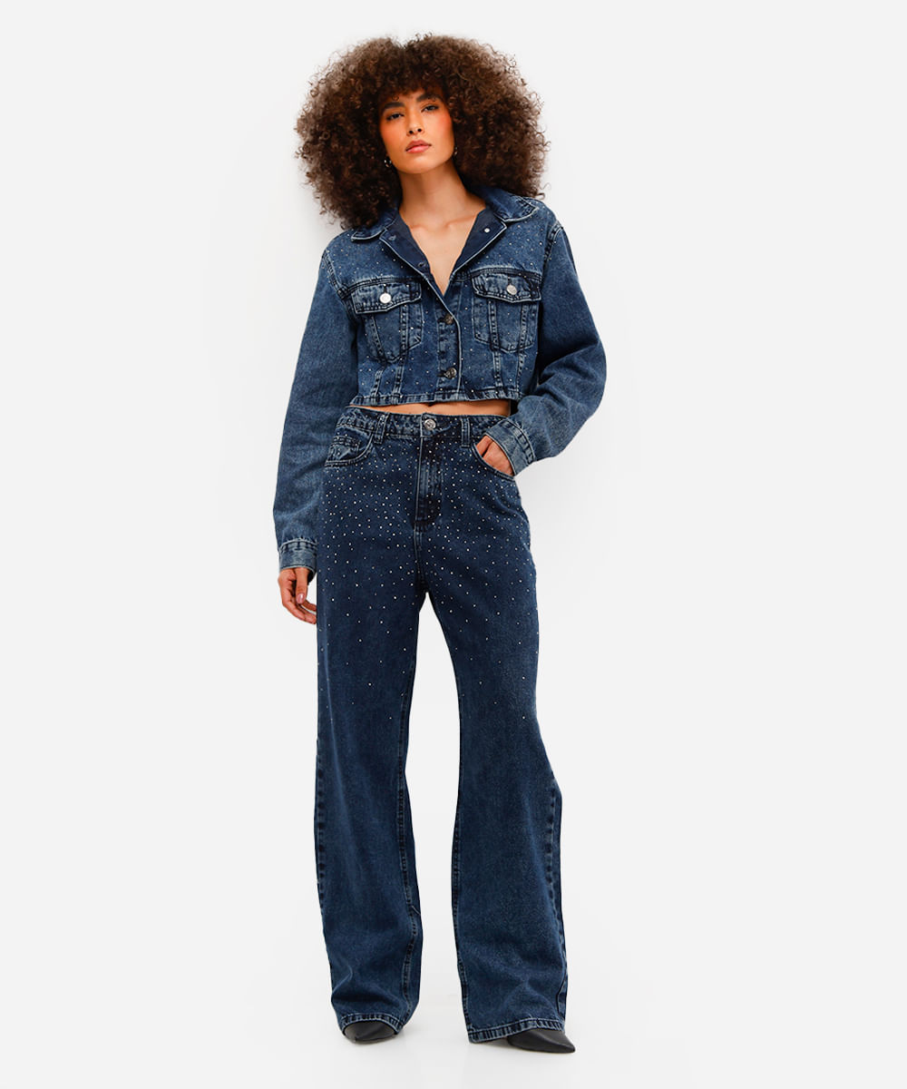 jaqueta cropped feminina jeans com brilhos azul
