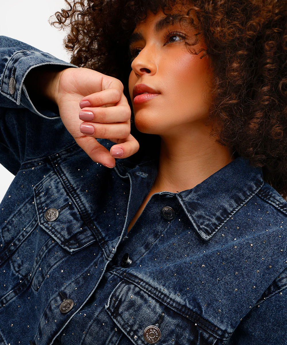 jaqueta cropped feminina jeans com brilhos azul