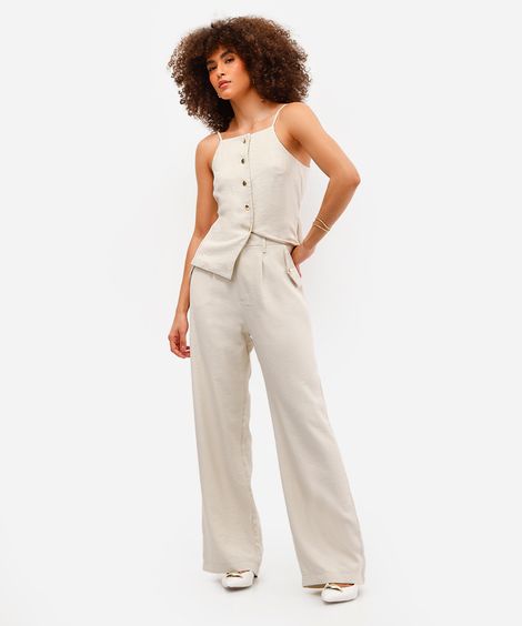 calça wide leg feminina de alfaiataria cós elástico bege
