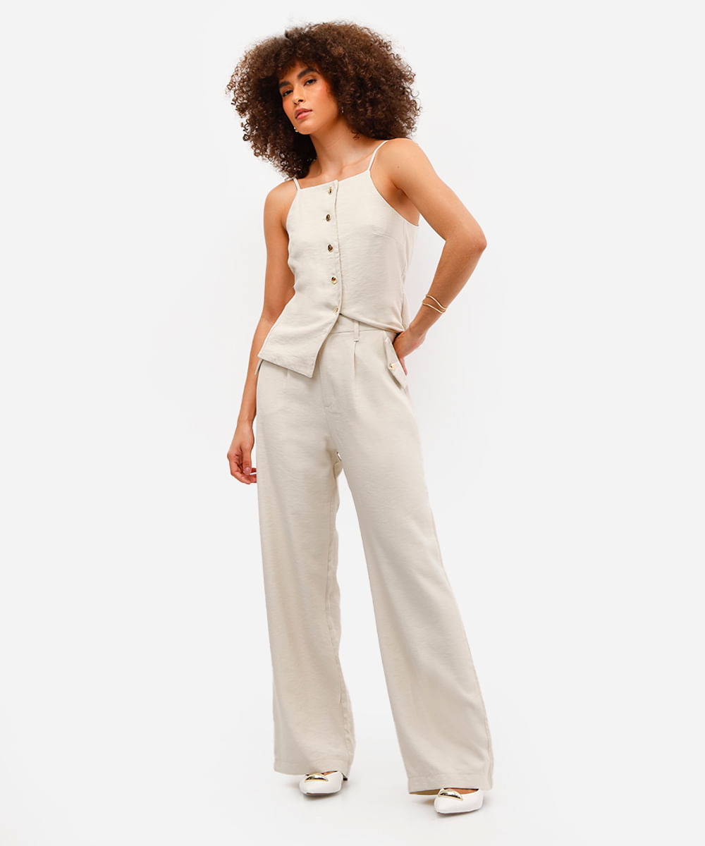 calça wide leg feminina de alfaiataria cós elástico bege