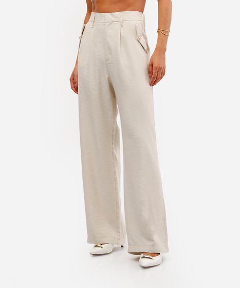 calça wide leg feminina de alfaiataria cós elástico bege