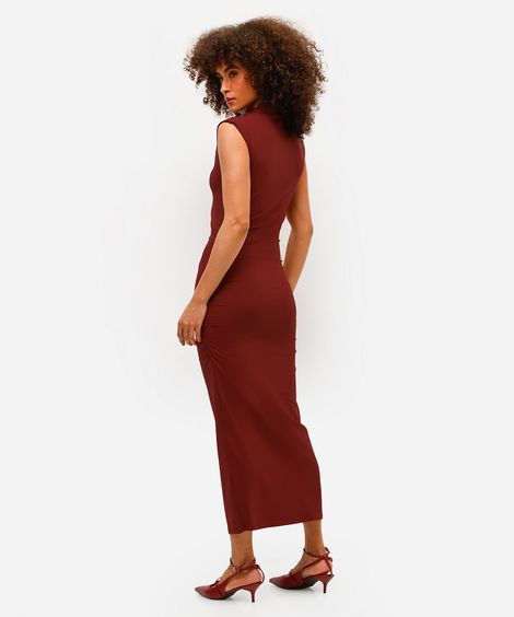vestido midi feminino franzido vinho