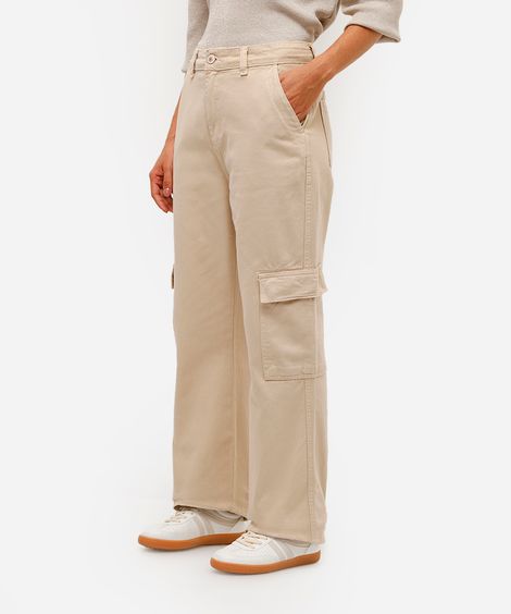 calça cargo feminina de sarja cintura média bege