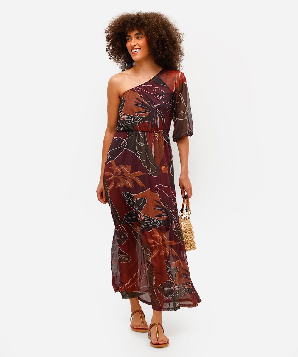 vestido longo feminino ombro único folhagens roxo