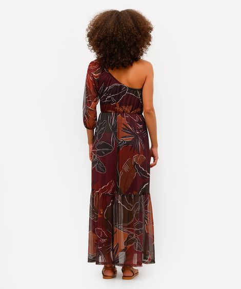 vestido longo feminino ombro único folhagens roxo