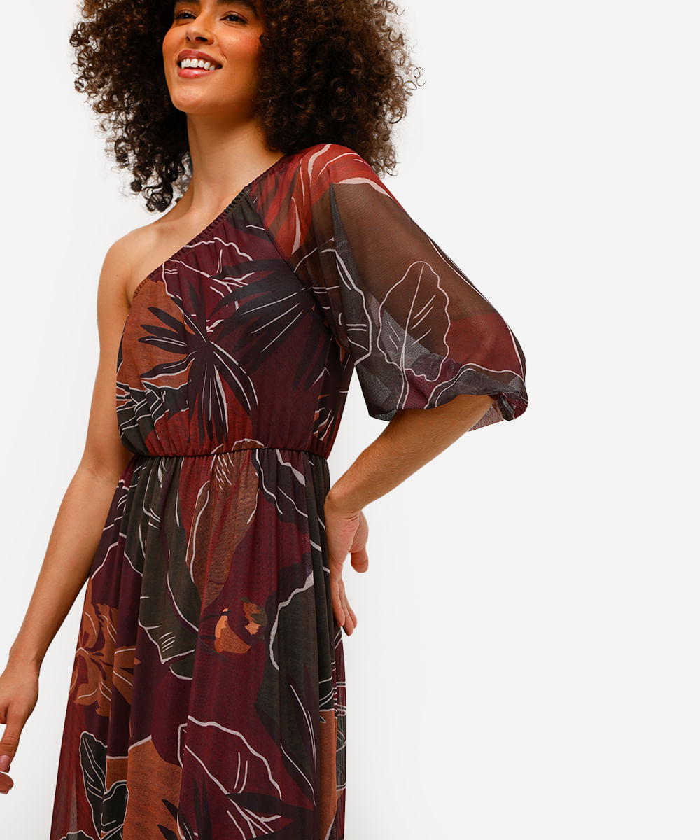 vestido longo feminino ombro único folhagens roxo