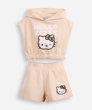 conjunto infantil curto com capuz hello kitty bege