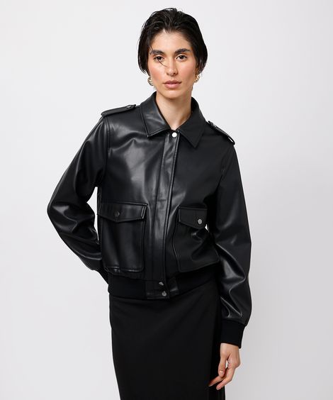 jaqueta bomber feminina de poliuretano mindset preta