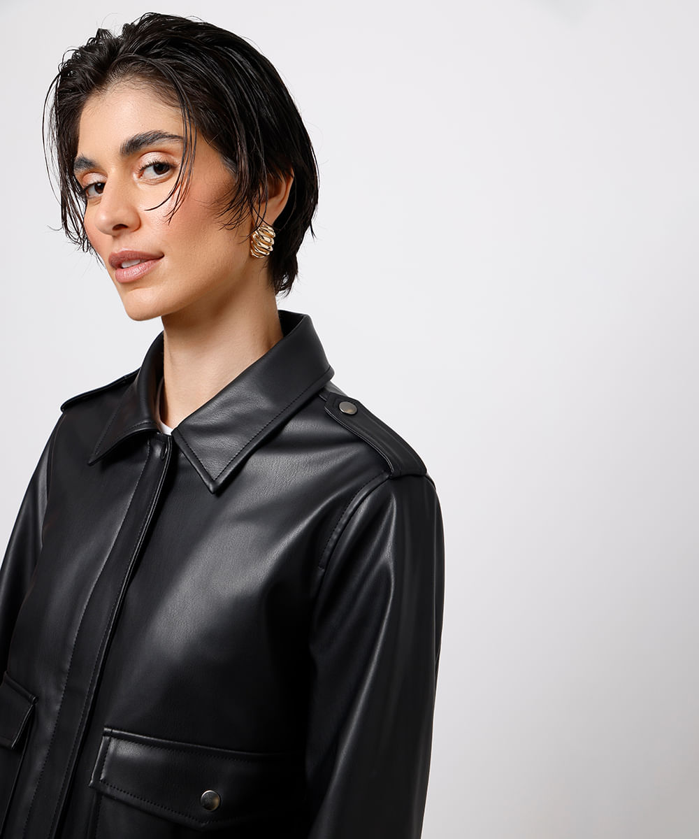 jaqueta bomber feminina de poliuretano mindset preta