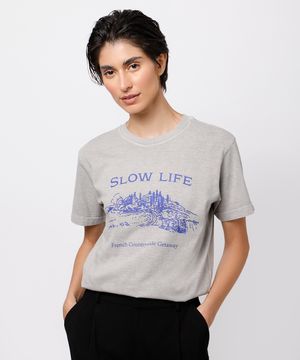 camiseta feminina de algodão slow life mindset cinza