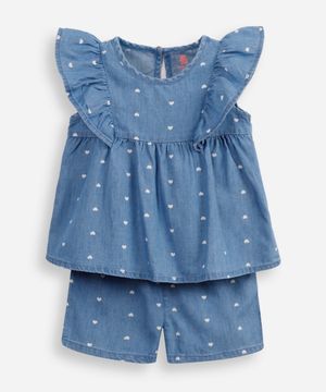 conjunto infantil curto com babados coração azul