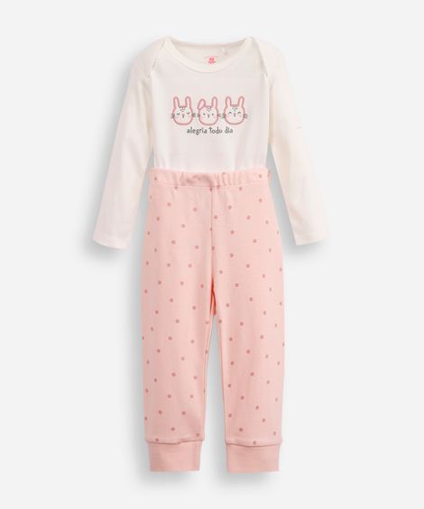 conjunto infantil longo de algodão com bordado rosa