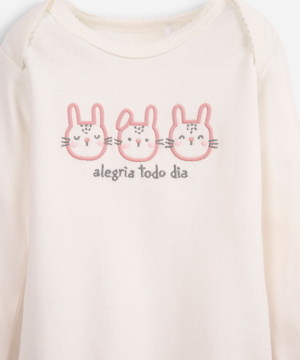 conjunto infantil longo de algodão com bordado rosa