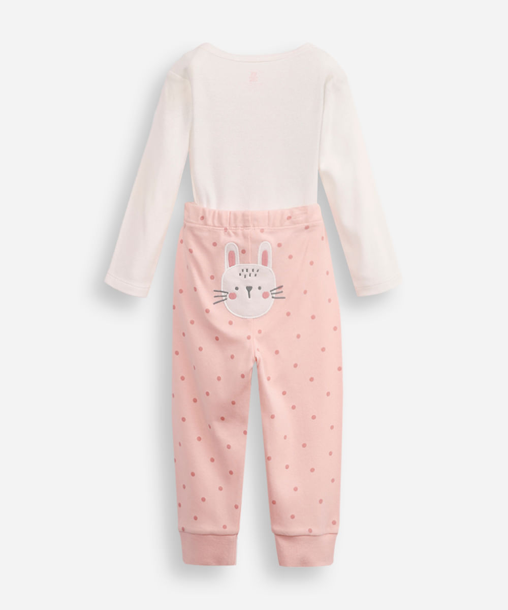 conjunto infantil longo de algodão com bordado rosa