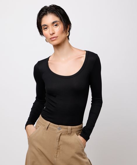 blusa long top feminina manga longa canelada mindset preta