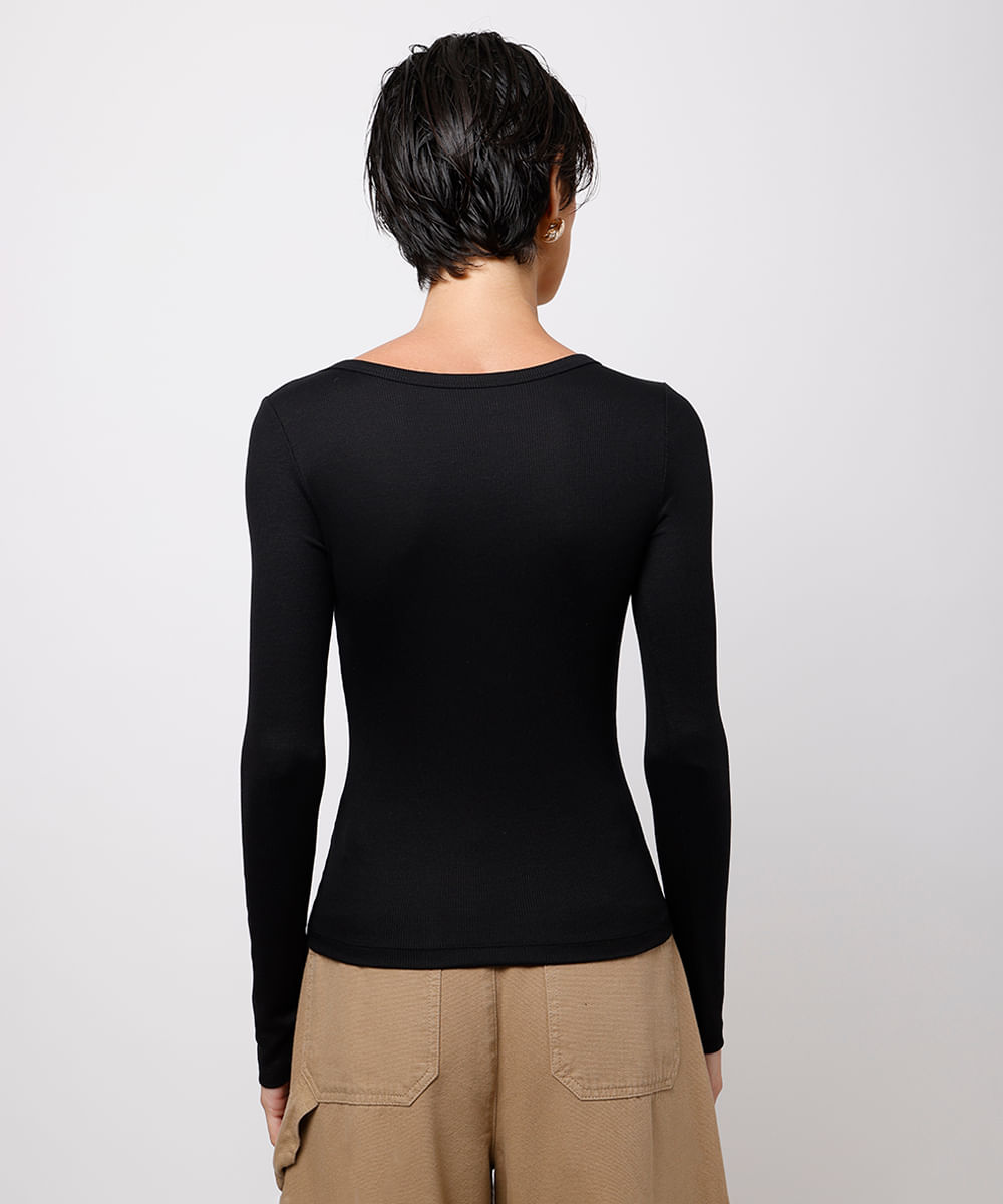 blusa long top feminina manga longa canelada mindset preta