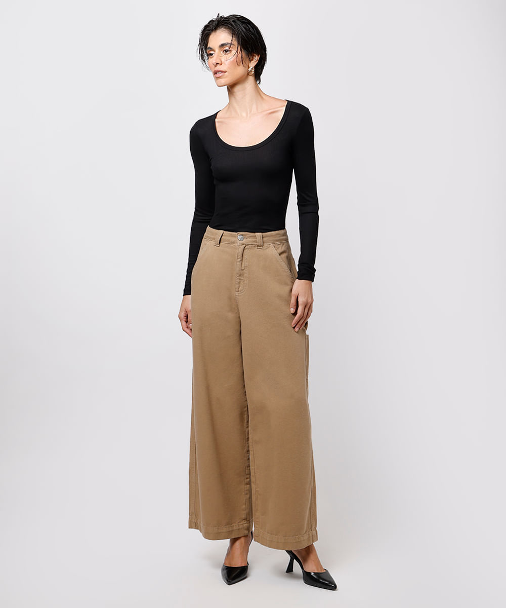 blusa long top feminina manga longa canelada mindset preta