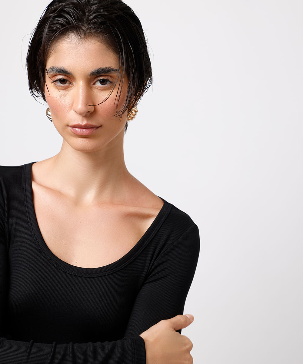 blusa long top feminina manga longa canelada mindset preta