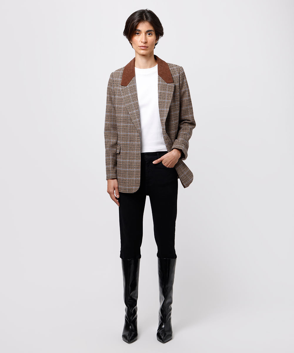 blazer feminino de alfaiataria xadrez mindset marrom