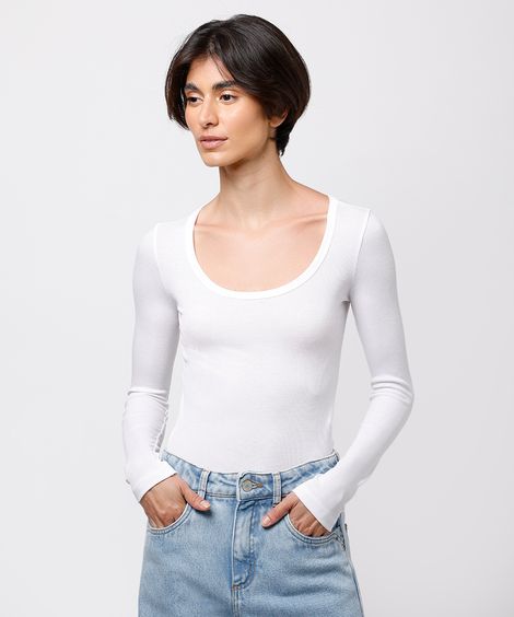 blusa long top feminina manga longa canelada mindset branca