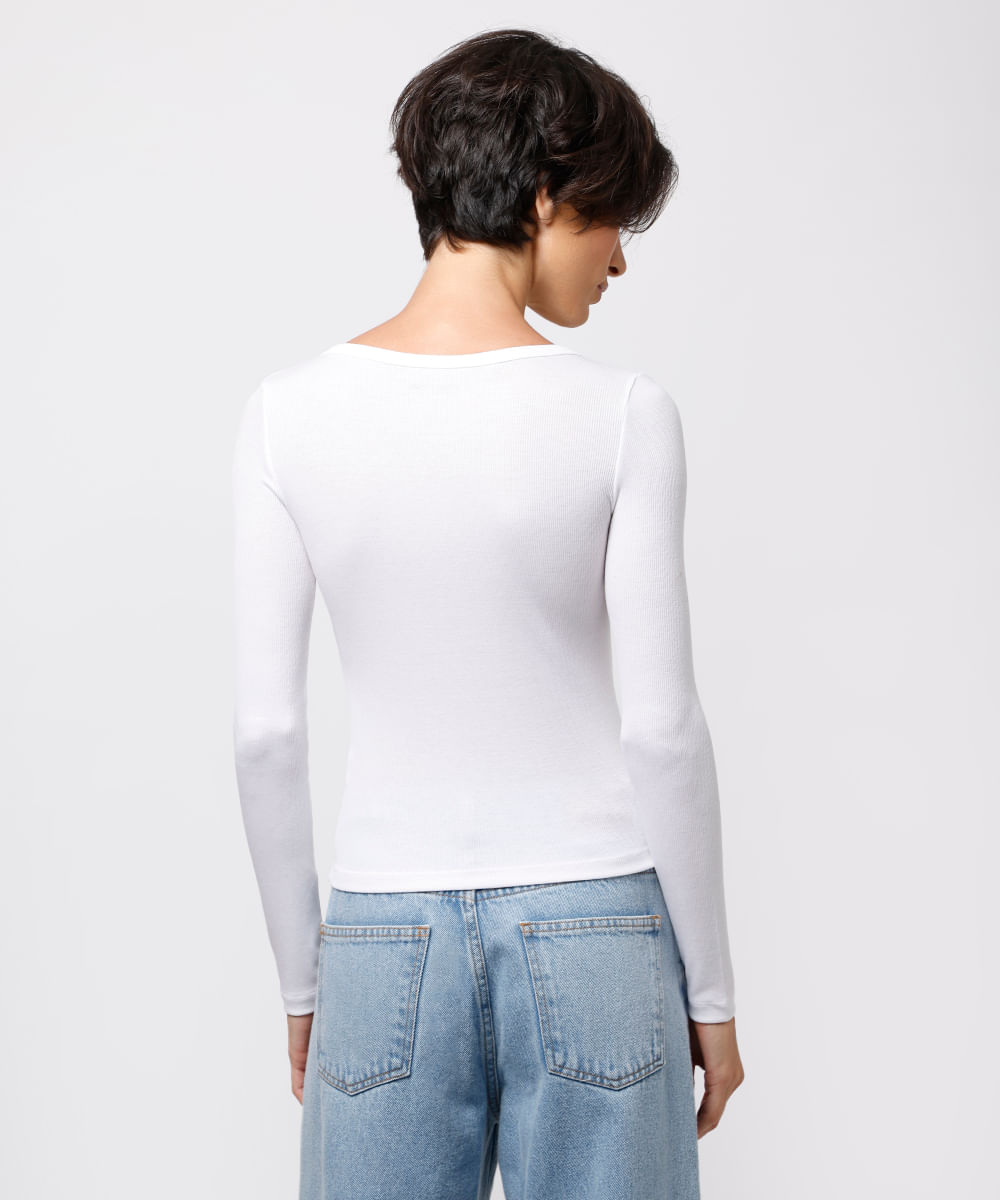 blusa long top feminina manga longa canelada mindset branca