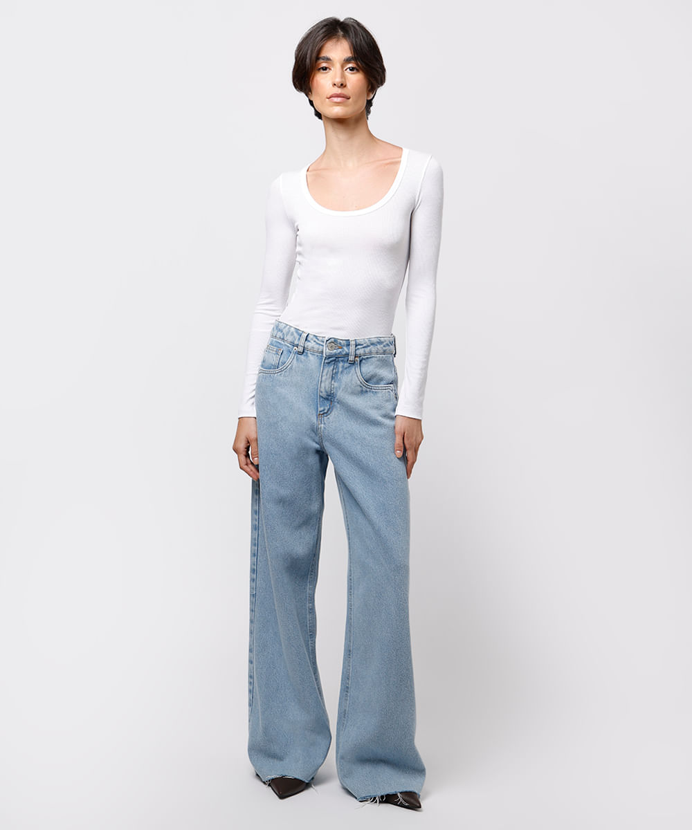 blusa long top feminina manga longa canelada mindset branca