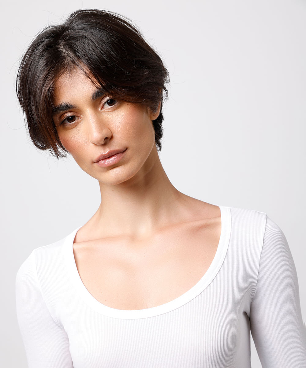 blusa long top feminina manga longa canelada mindset branca