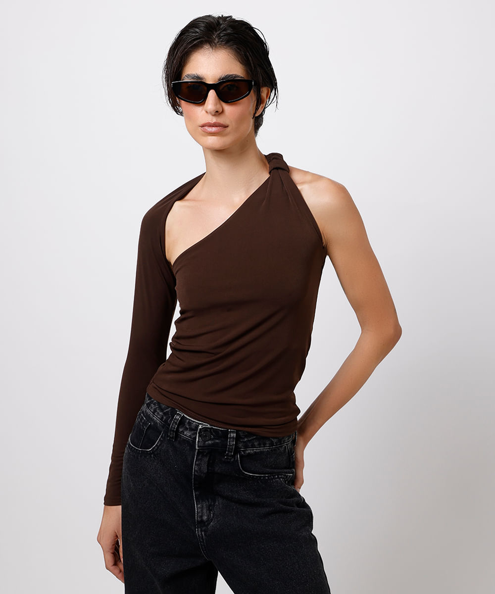 blusa feminina manga única mindset marrom