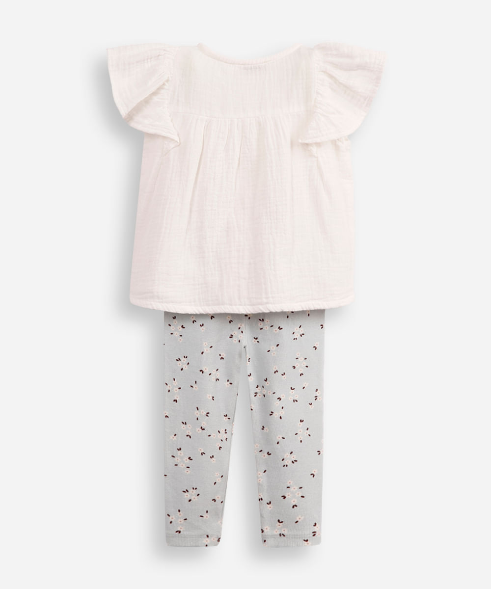 conjunto infantil de algodão floral off white