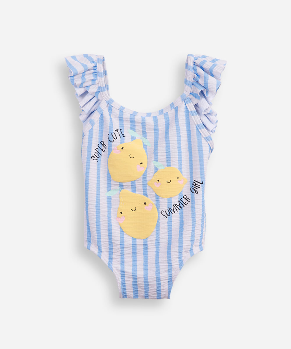 maiô infantil com babado e listrado off white