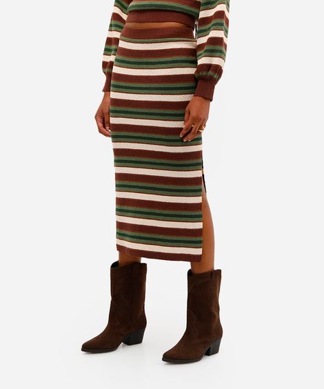 saia midi feminina de tricot listrada com fenda marrom