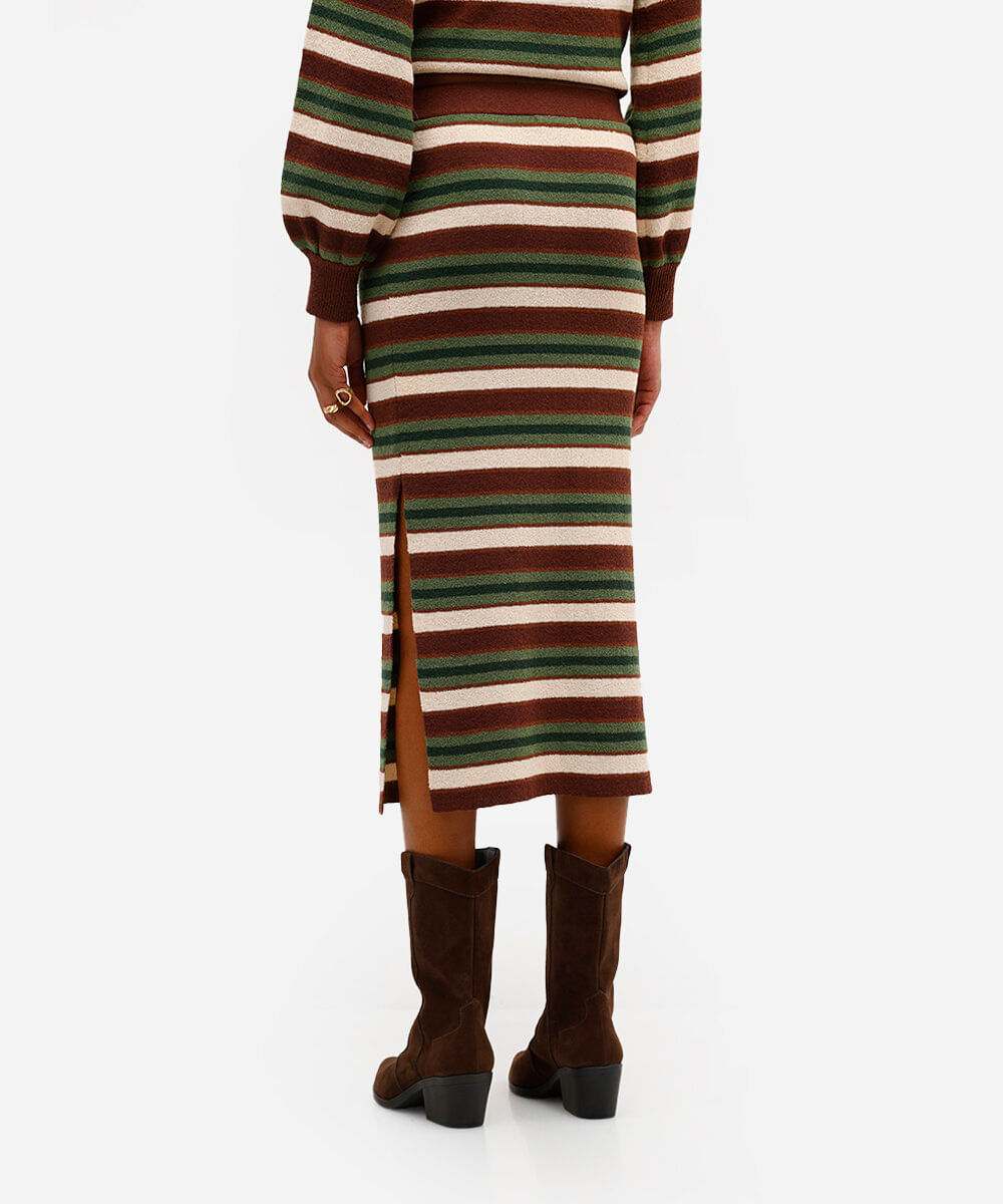 saia midi feminina de tricot listrada com fenda marrom