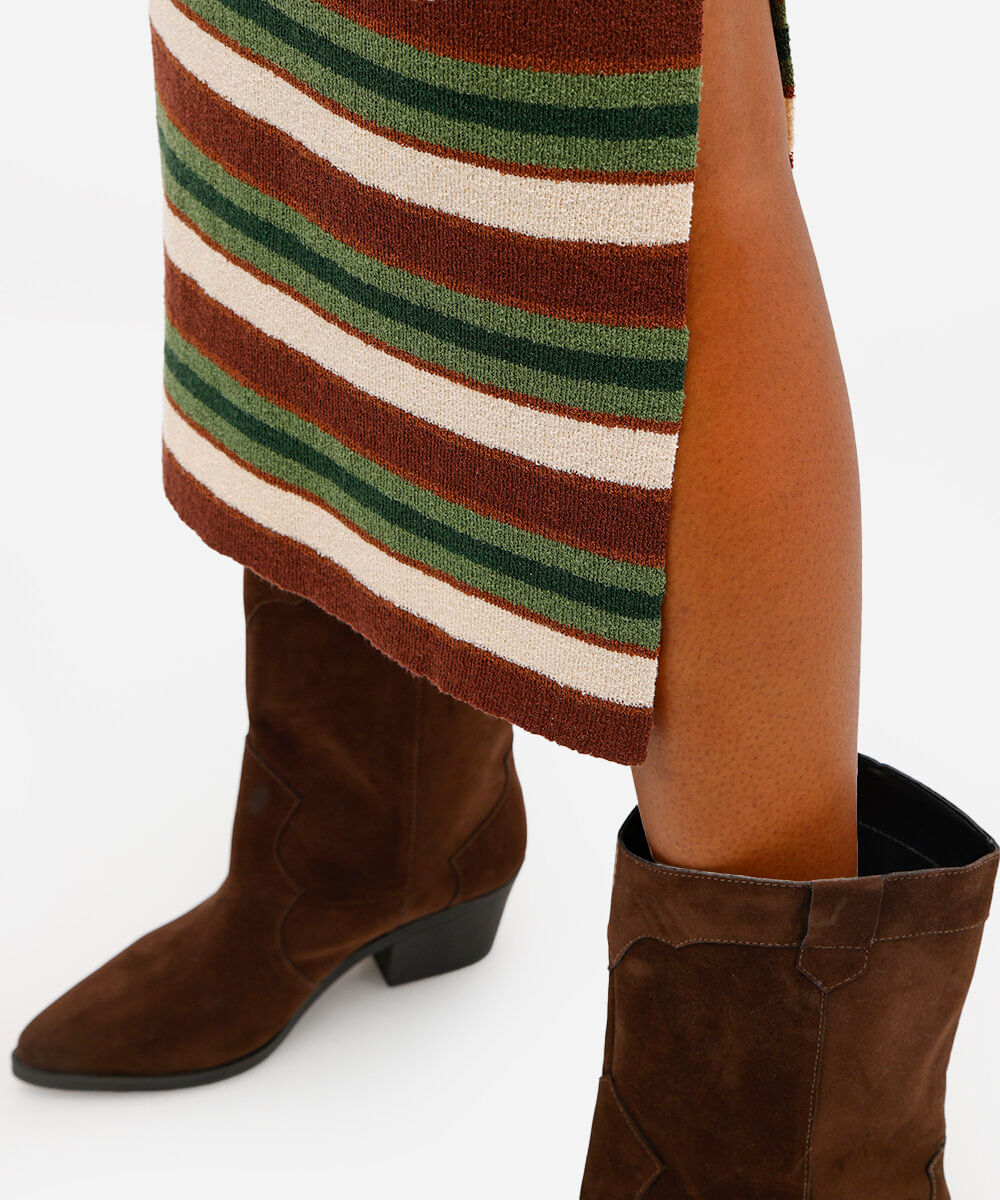 saia midi feminina de tricot listrada com fenda marrom